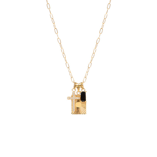 Collier court acier inoxydable or avec 3 breloques: rectangle, croix et zircon noir - Juliana 2-1