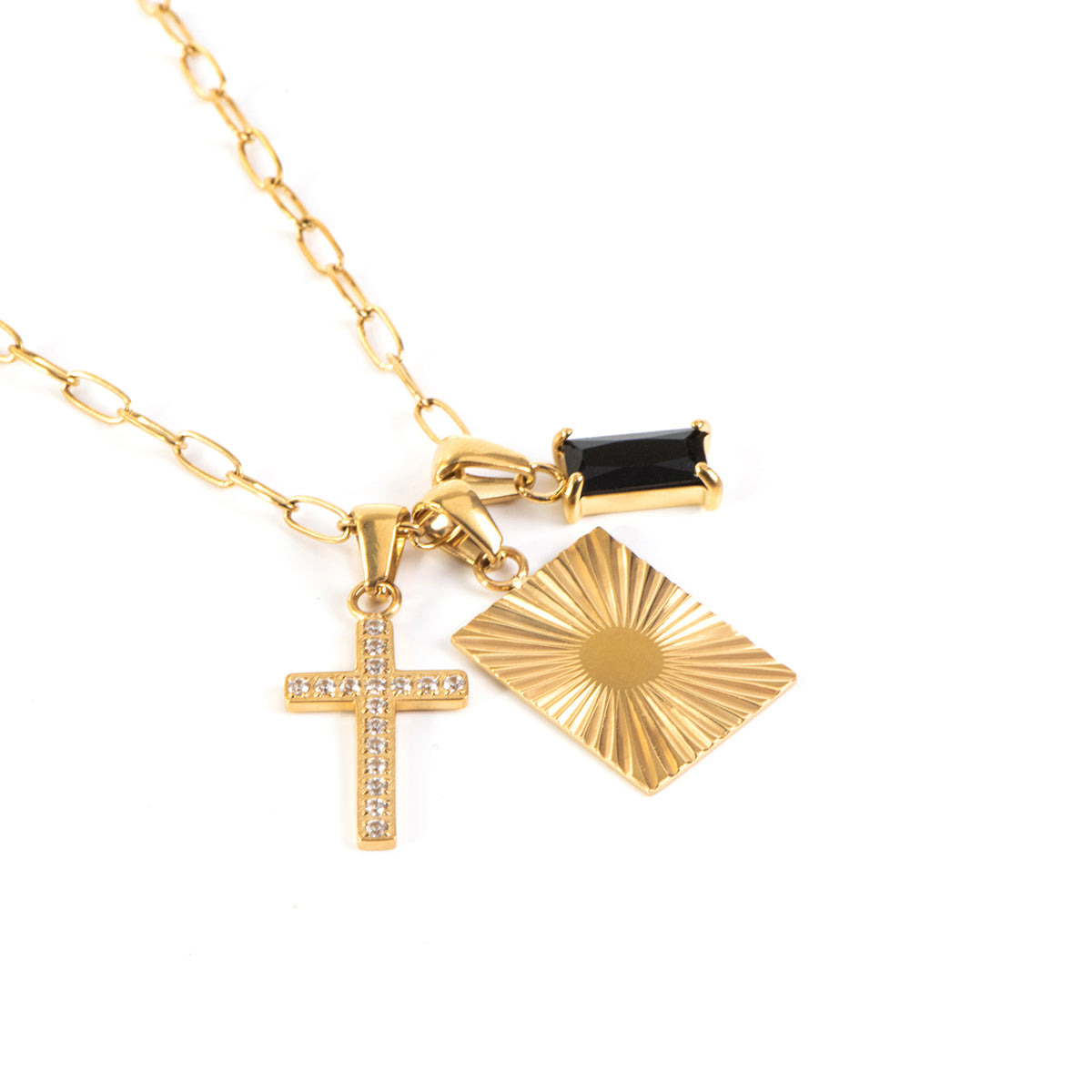 Collier court acier inoxydable or avec 3 breloques: rectangle, croix et zircon noir - Juliana 2-2