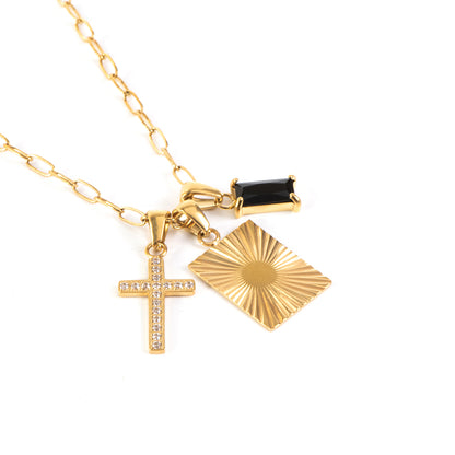 Collier court acier inoxydable or avec 3 breloques: rectangle, croix et zircon noir - Juliana 2-2