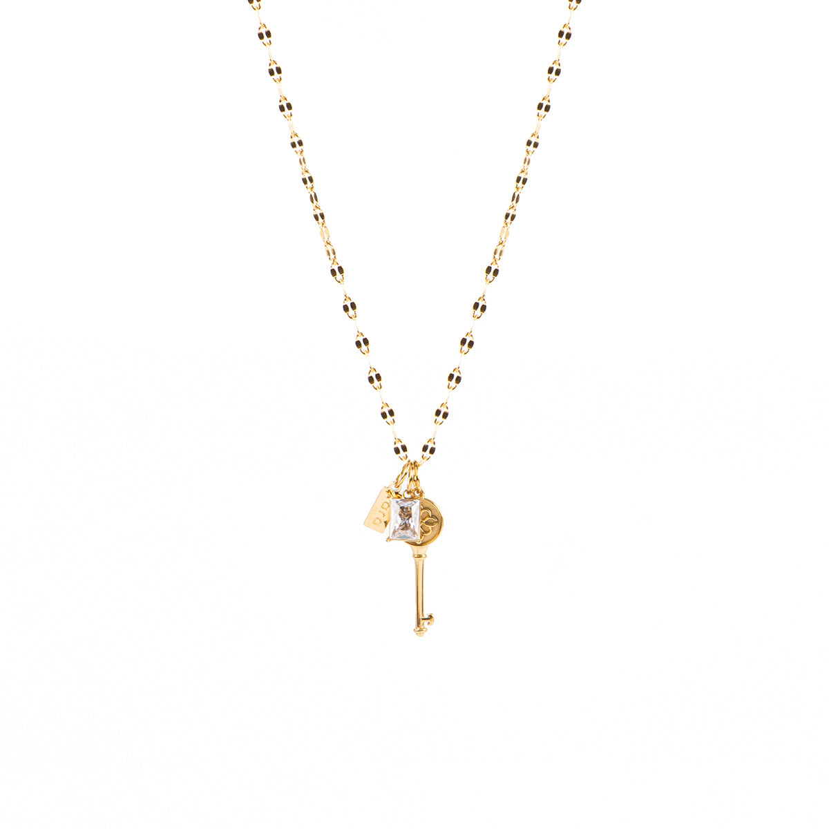 Collier court délicat chaîne lips acier inoxydable or avec 3 breloques: clé, zircon clair, breloque Kara - Juliana 3-1