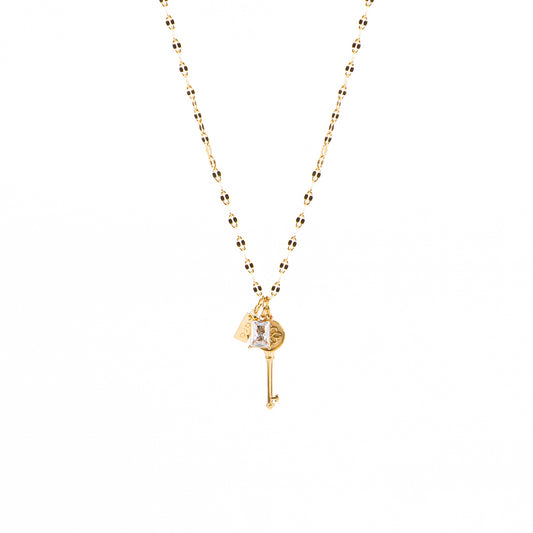 Collier court délicat chaîne lips acier inoxydable or avec 3 breloques: clé, zircon clair, breloque Kara - Juliana 3-1