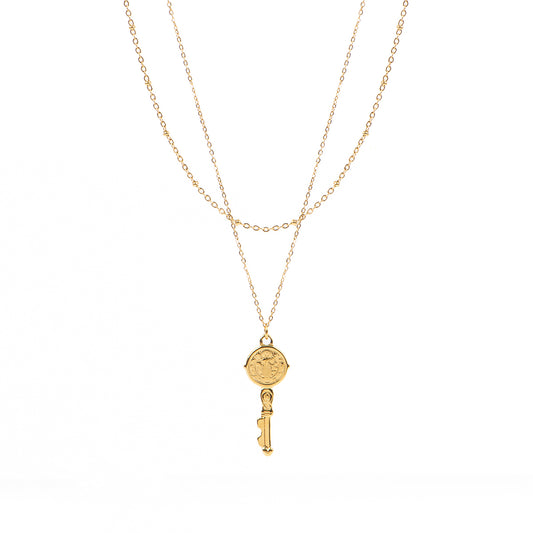 Collier délicat double rang acier inoxydable or avec pendentif clé - Juliana 4-1