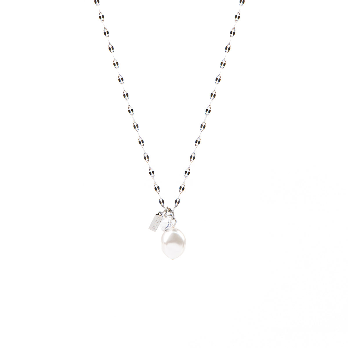 Collier court acier inoxydable chaîne lips avec 3 breloques: perle baroque et cristal rond - Juliana 5-1