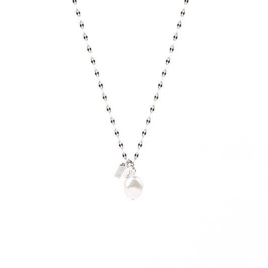 Collier court acier inoxydable chaîne lips avec 3 breloques: perle baroque et cristal rond - Juliana 5-1