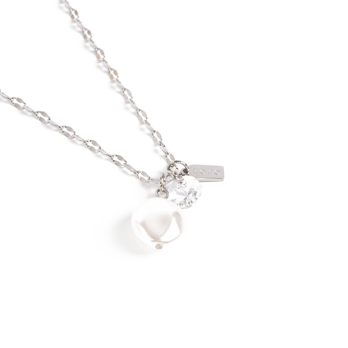 Collier court acier inoxydable chaîne lips avec 3 breloques: perle baroque et cristal rond - Juliana 5-2
