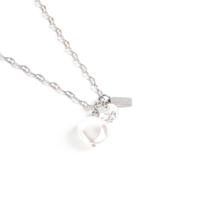 Collier court acier inoxydable chaîne lips avec 3 breloques: perle baroque et cristal rond - Juliana 5-2