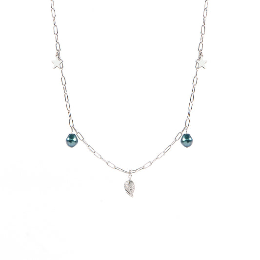 Collier court acier inoxydable chaîne paperclip avec perles vertes, étoiles et feuille - Juliana 8-1