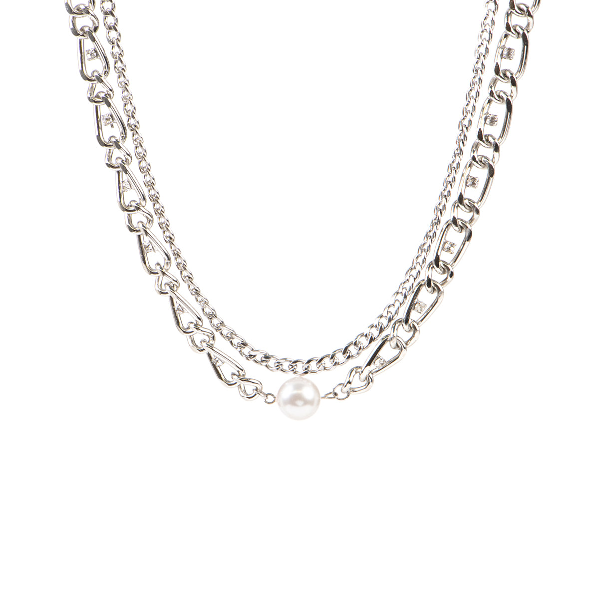 Collier deux rangs maximaliste chaîne à gros maillons avec cristaux et perle blanche - Margot 3-1