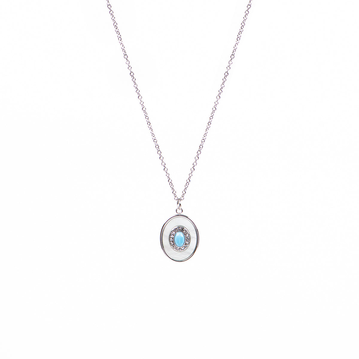 Collier acier inoxydable pendentif ovale turquoise, nacre et zircons - Mariana 1 argent-1