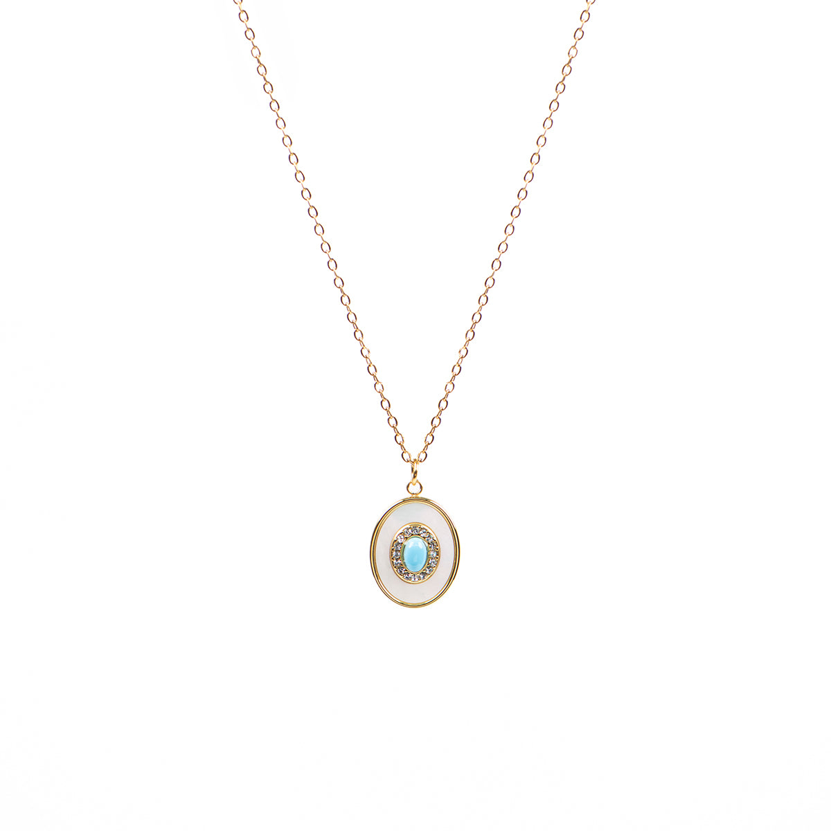 Collier acier inoxydable or pendentif ovale turquoise, nacre et zircons - Mariana 1 or-1