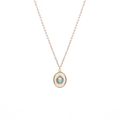 Collier acier inoxydable or pendentif ovale turquoise, nacre et zircons - Mariana 1 or-1