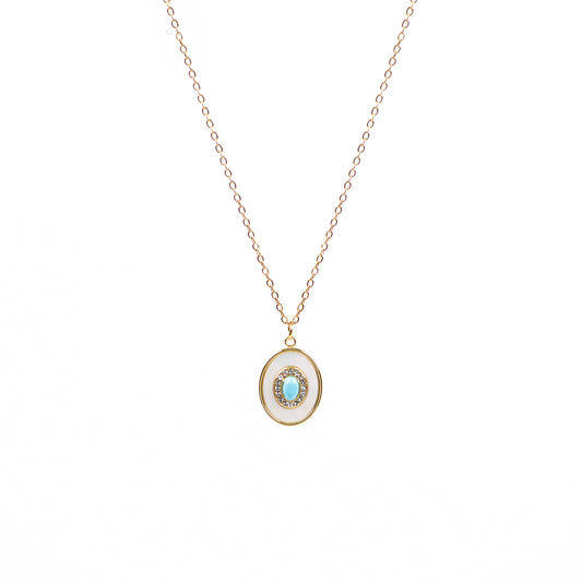 Collier acier inoxydable or pendentif ovale turquoise, nacre et zircons - Mariana 1 or-1