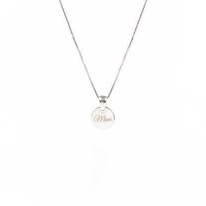 Collier délicat en argent sterling .925 fini rhodium avec médaillon épais gravé Mom -1