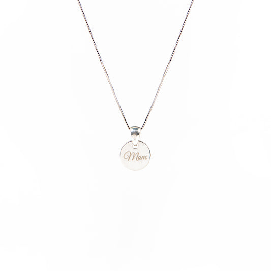 Collier délicat en argent sterling .925 fini rhodium avec médaillon épais gravé Mom -1