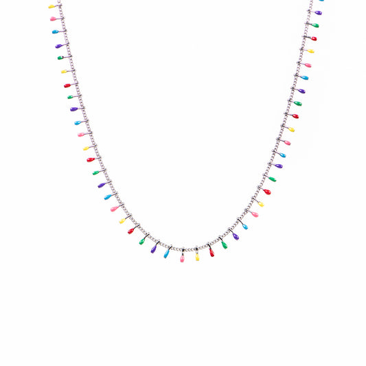 Collier court délicat acier inoxydable chaîne gourmette satellite gouttes couleur multicolore - Sabrina-1