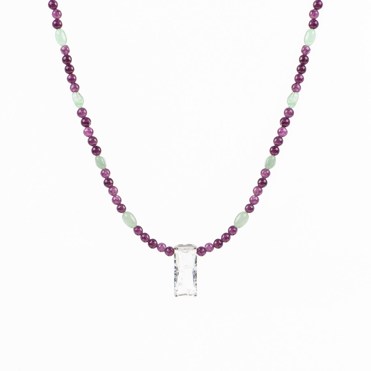 Collier court argent billes et pierres semi-précieuses mauve, vert, cristal de roche - Simone 4-1