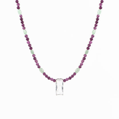 Collier court argent billes et pierres semi-précieuses mauve, vert, cristal de roche - Simone 4-1