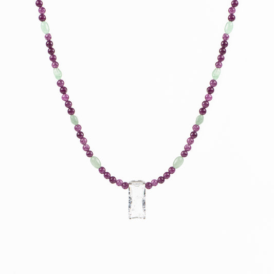 Collier court argent billes et pierres semi-précieuses mauve, vert, cristal de roche - Simone 4-1