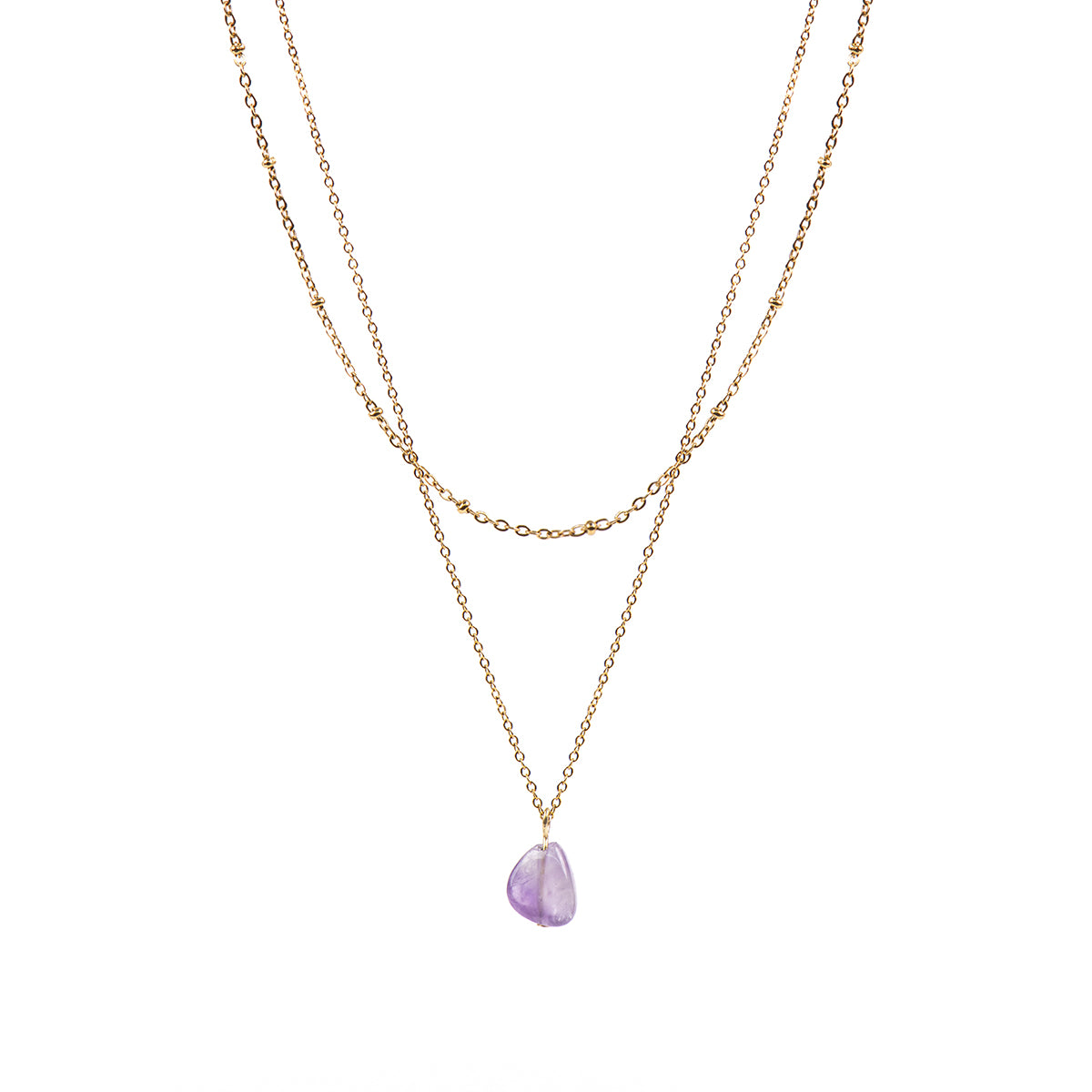 Collier double rang acier inoxydable or avec pierre semi-précieuse améthyste - Simone 8-1