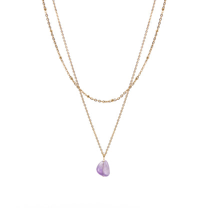 Collier double rang acier inoxydable or avec pierre semi-précieuse améthyste - Simone 8-1