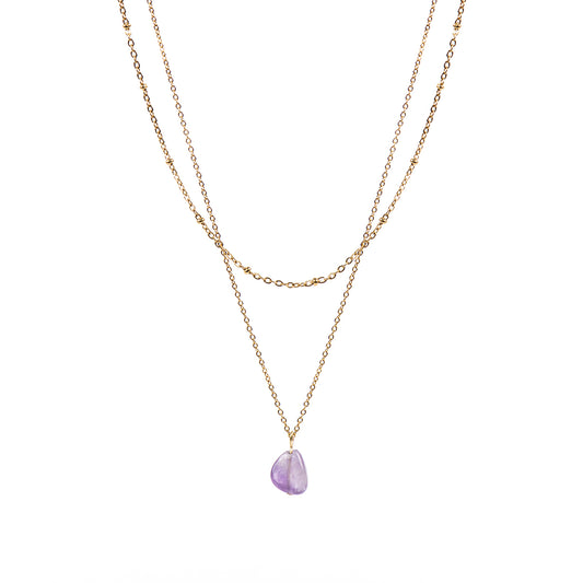 Collier double rang acier inoxydable or avec pierre semi-précieuse améthyste - Simone 8-1