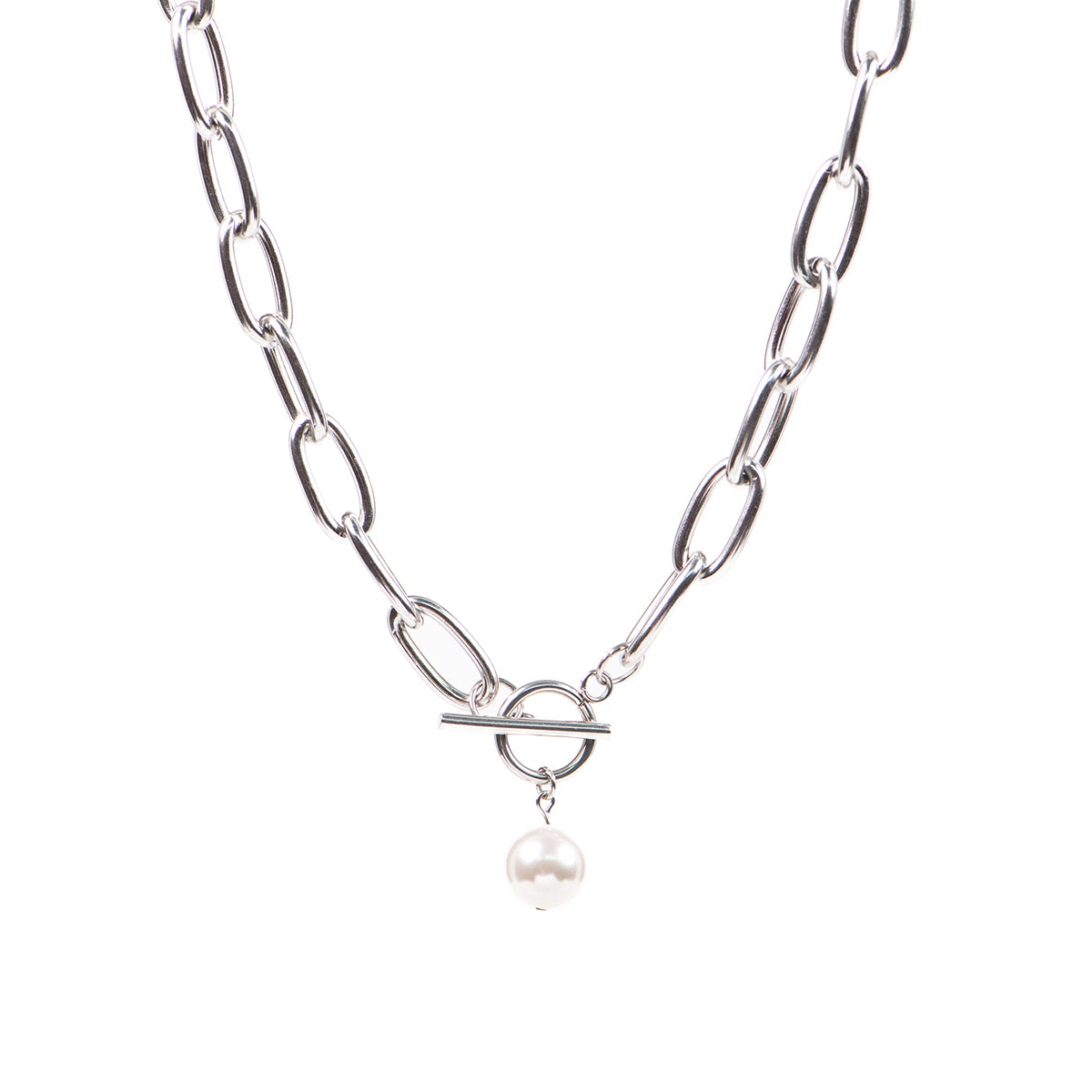 Collier XXL maximaliste statement acier inoxydable avec perle blanche -Véronica 1-1