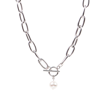 Collier XXL maximaliste statement acier inoxydable avec perle blanche -Véronica 1-1