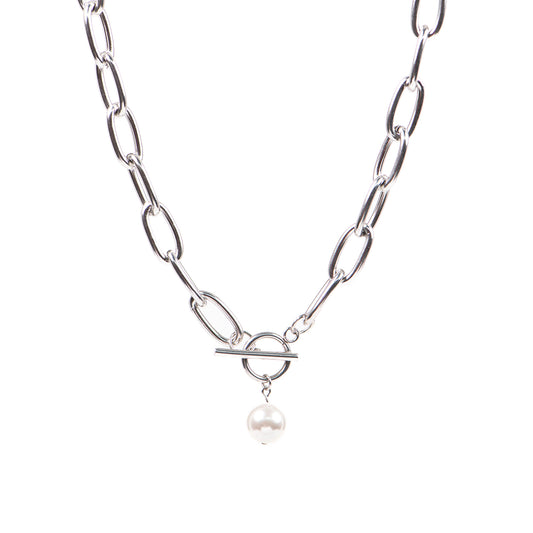 Collier XXL maximaliste statement acier inoxydable avec perle blanche -Véronica 1-1