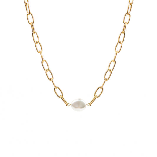 Collier maximaliste acier inoxydable or avec perle blanche baroque - Véronica 3-1