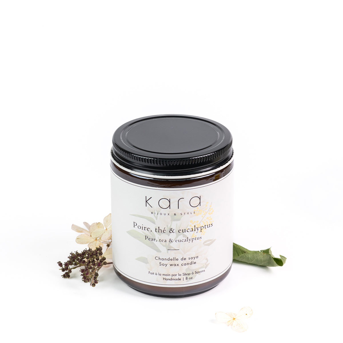 Chandelle de soya faite au Québec avec mèche de bois - Poire, thé et eucalyptus-lifestyle-3