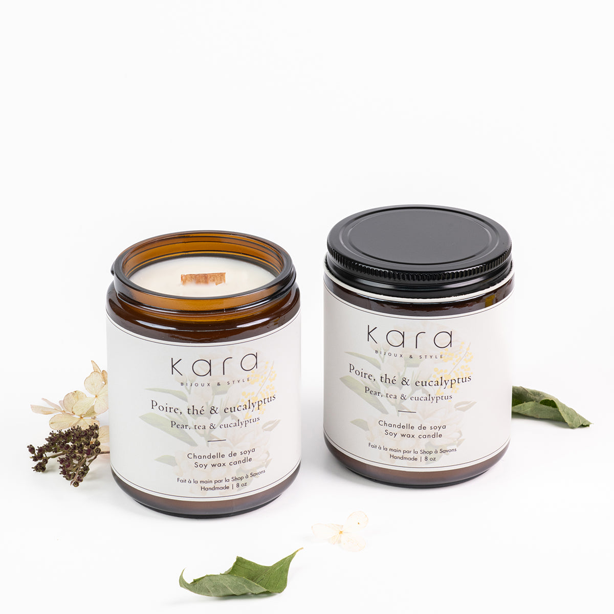 Chandelle de soya faite au Québec avec mèche de bois - Poire, thé et eucalyptus-lifestyle-1