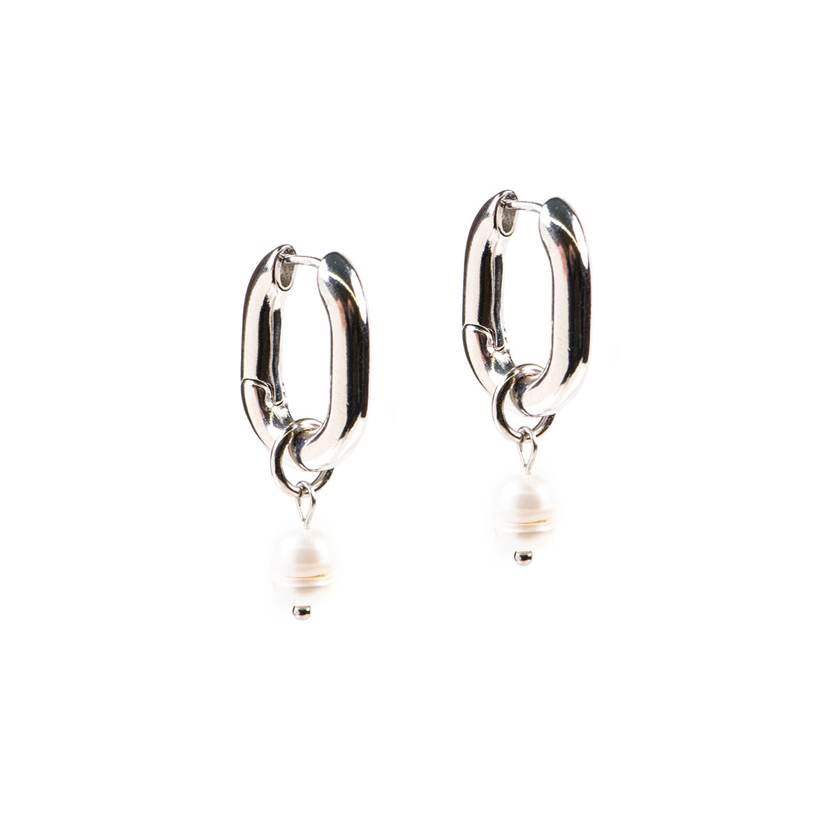 Boucles d'oreilles anneaux chunky ovales plaqués rhodium avec perle Margot 8 -1