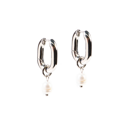 Boucles d'oreilles anneaux chunky ovales plaqués rhodium avec perle Margot 8 -1