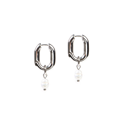 Boucles d'oreilles anneaux chunky ovales plaqués rhodium avec perle Margot 8 -2
