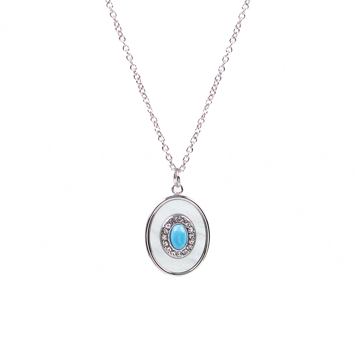Collier acier inoxydable pendentif ovale turquoise, nacre et zircons - Mariana 1 argent-2