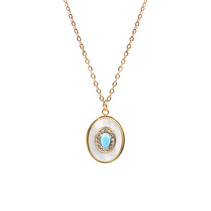 Collier acier inoxydable or pendentif ovale turquoise, nacre et zircons - Mariana 1 or-2