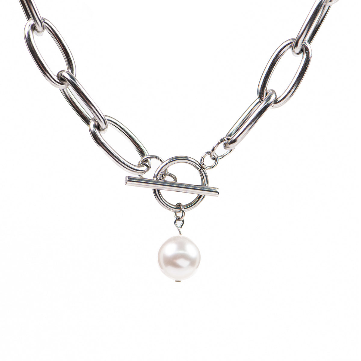 Collier XXL maximaliste statement acier inoxydable avec perle blanche -Véronica 1-2