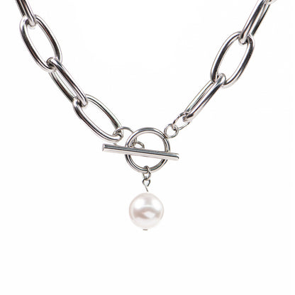 Collier XXL maximaliste statement acier inoxydable avec perle blanche -Véronica 1-2
