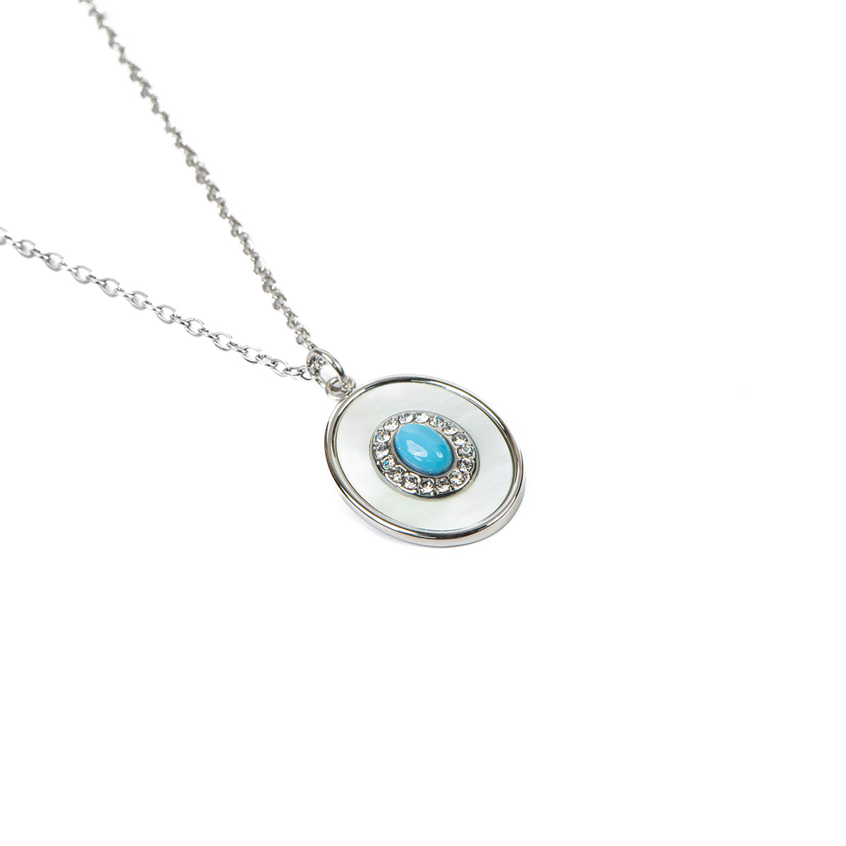 Collier acier inoxydable pendentif ovale turquoise, nacre et zircons - Mariana 1 argent-3