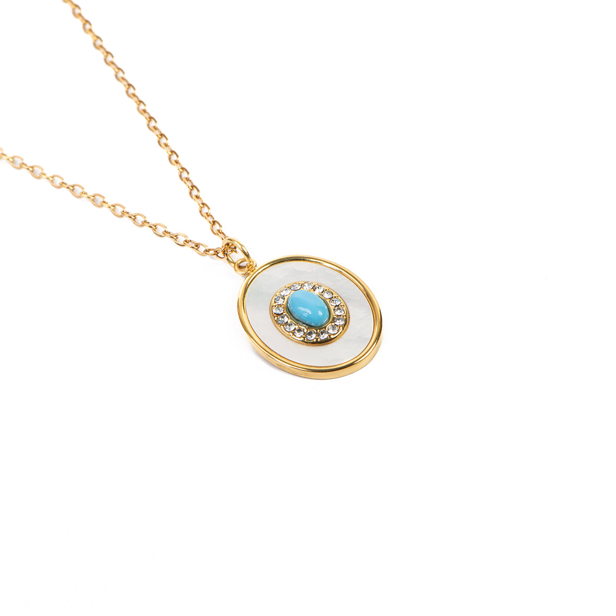 Collier acier inoxydable or pendentif ovale turquoise, nacre et zircons - Mariana 1 or-3