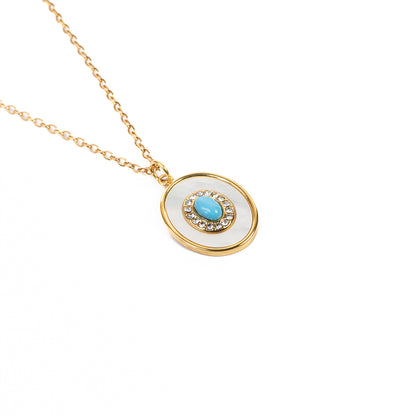 Collier acier inoxydable or pendentif ovale turquoise, nacre et zircons - Mariana 1 or-3
