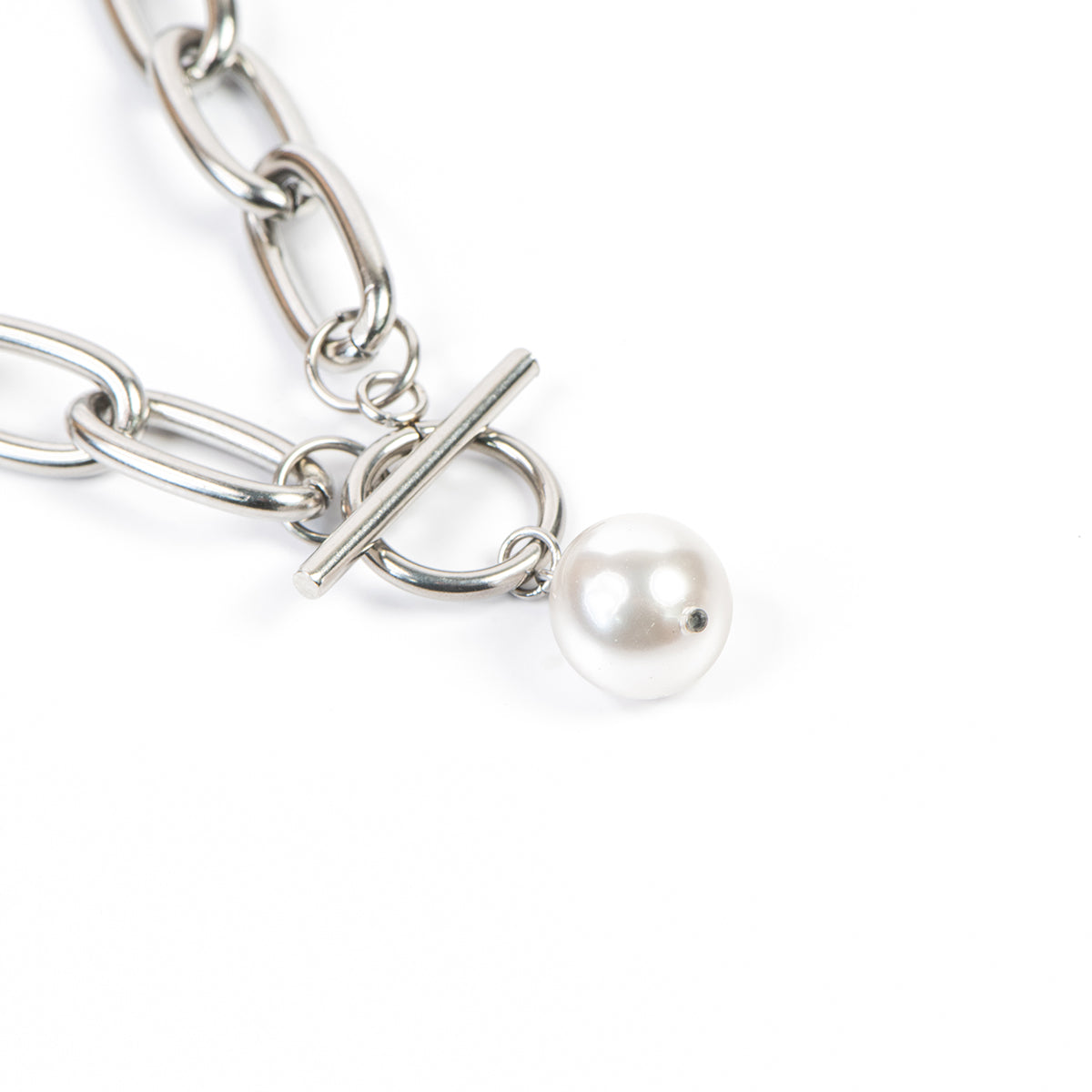 Collier XXL maximaliste statement acier inoxydable avec perle blanche -Véronica 1-3