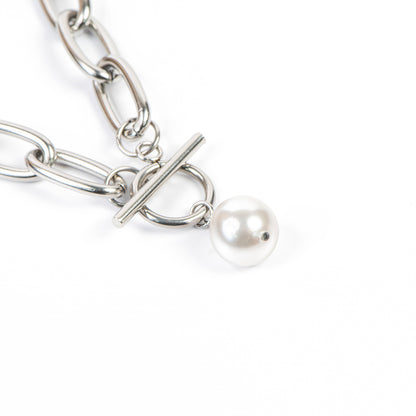 Collier XXL maximaliste statement acier inoxydable avec perle blanche -Véronica 1-3