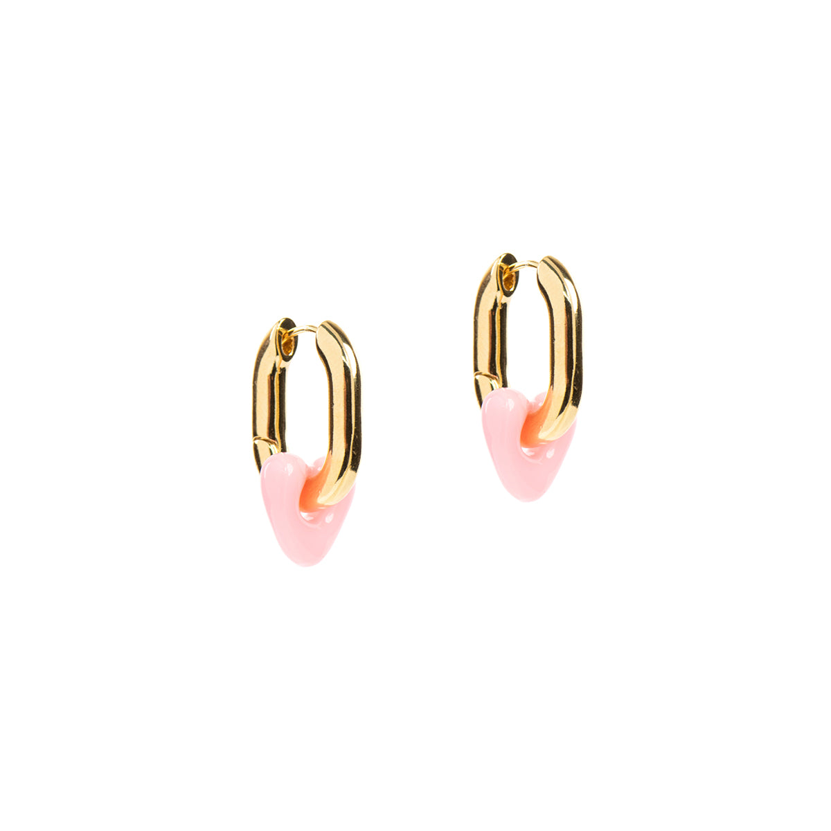 Boucles d'oreilles anneaux ovales épais placage or coeur résine rose - Sabrina 1-2