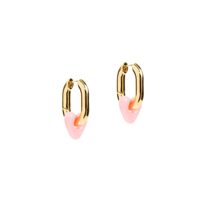 Boucles d'oreilles anneaux ovales épais placage or coeur résine rose - Sabrina 1-2