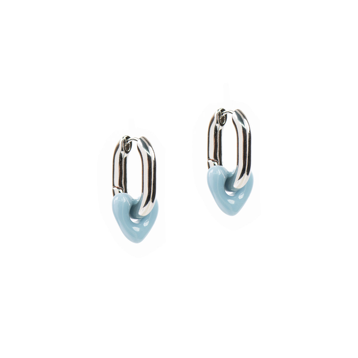 Boucles d'oreilles anneaux ovales épais placage rhodium coeur résine bleu - Sabrina 1-2