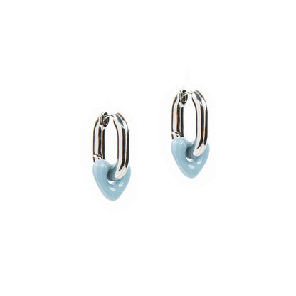 Boucles d'oreilles anneaux ovales épais placage rhodium coeur résine bleu - Sabrina 1-2