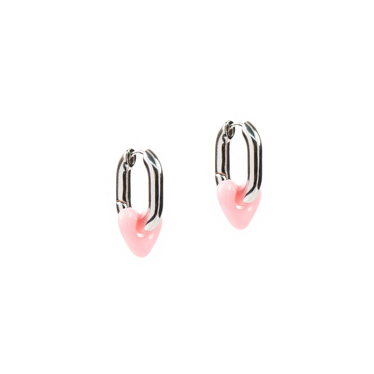 Boucles d'oreilles anneaux ovales épais placage rhodium coeur résine rose - Sabrina 1-2