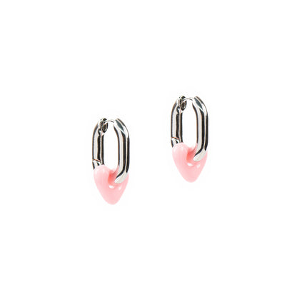 Boucles d'oreilles anneaux ovales épais placage rhodium coeur résine rose - Sabrina 1-2