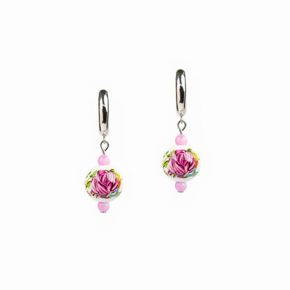 Boucles d'oreilles anneaux chunky placage rhodium avec bille fleur en céramique - Mariana 5-2